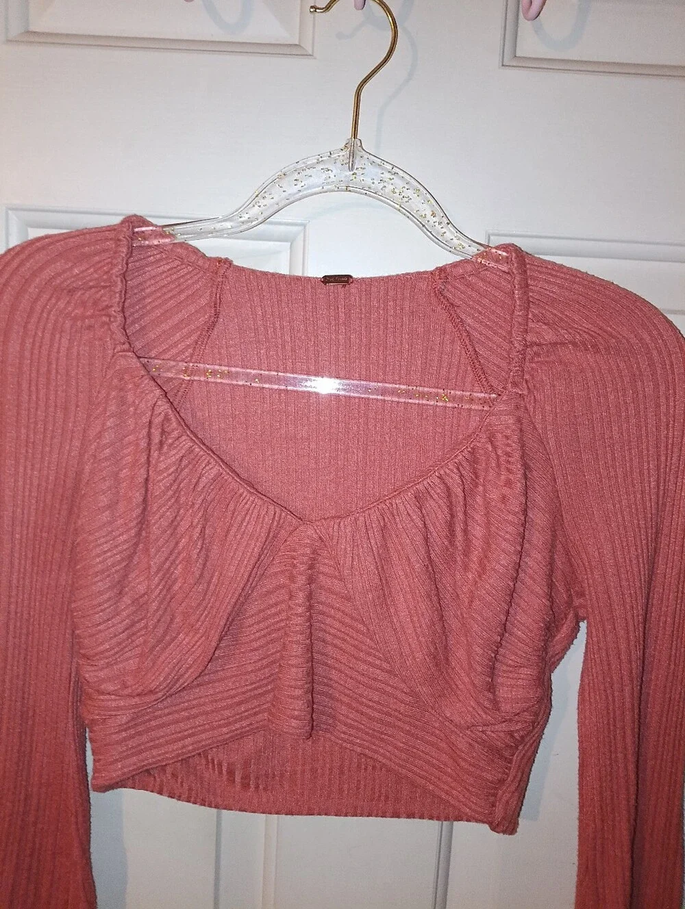 Free People Ribbed Long-Sleeve Crop Top\bell Sleeves\ Rose Rust Small